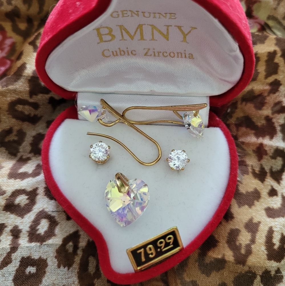 BMNY Cubic Zirconia Jewelry Set Heart Pendant, Heart Drop Earring Stud Earrings